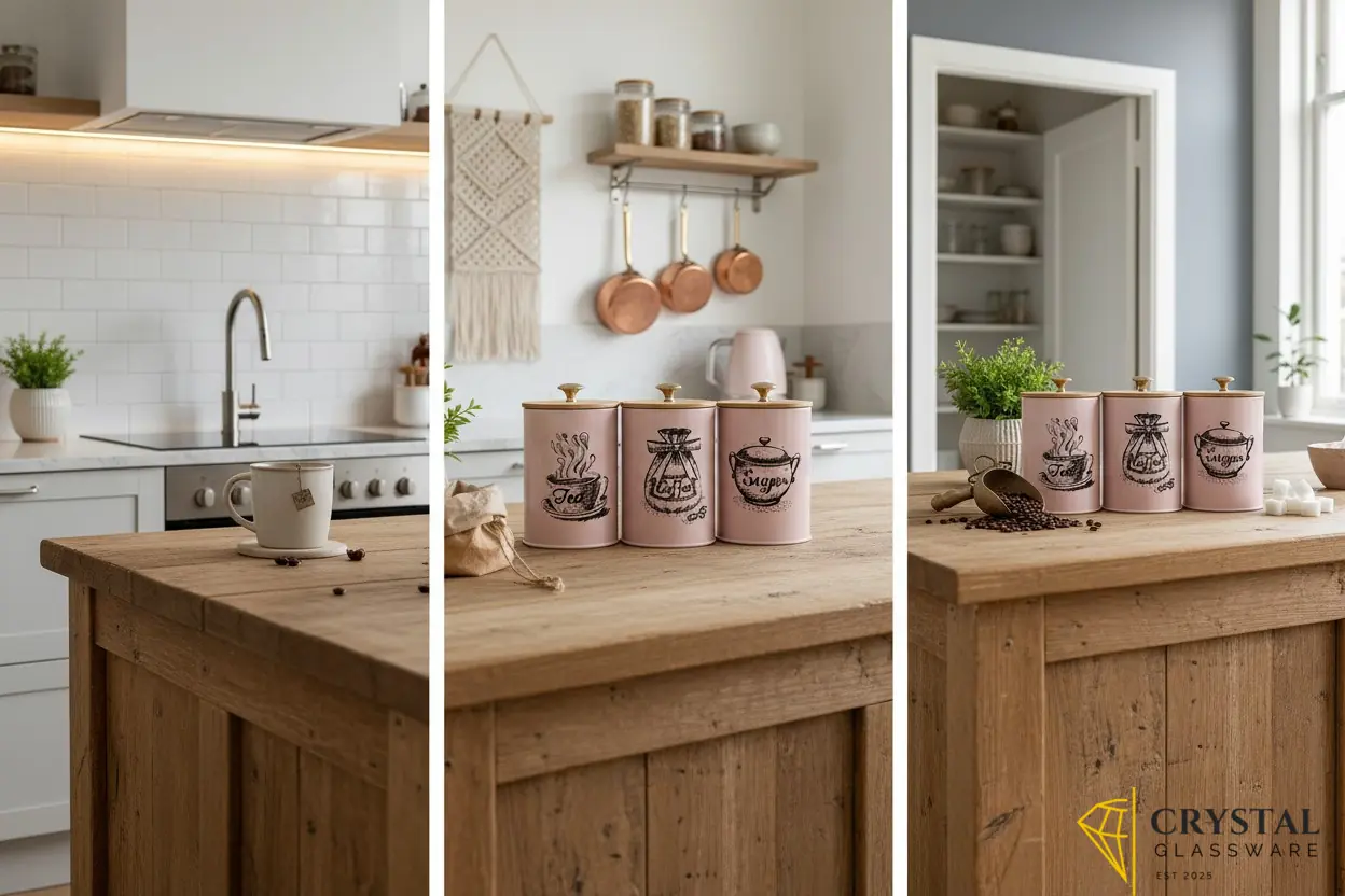  Miaomiaoco 3-piece vintage farmhouse canister set features a pastel pink finish with black labeled graphics 